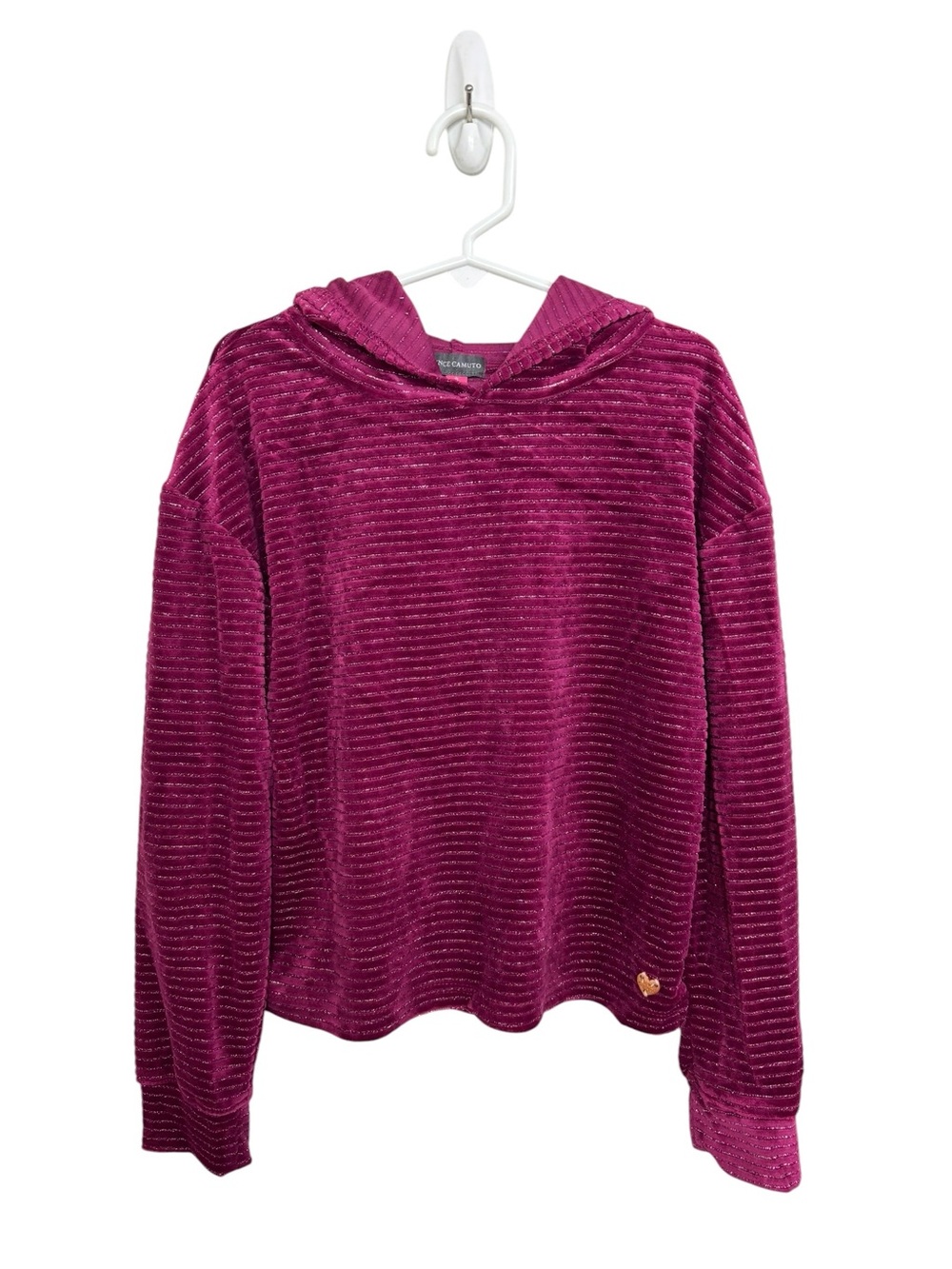 Vince Camuto Girls Burgundy Ribbed Metallic Pinstripe Velour Hoodie Size 8